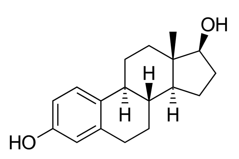 Estradiol molecular structure. Estradiol is an estrogen steroid hormone and the major female sex hormone. Vector structural formula of chemical compound with red bonds and black atom labels.