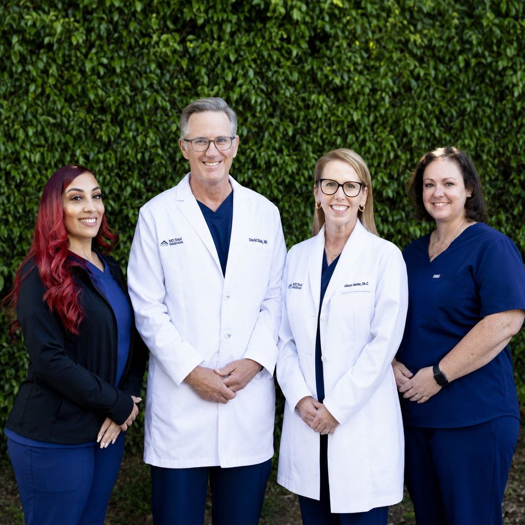 a group photo of the team members at MD Total Welllness, outside, Brea